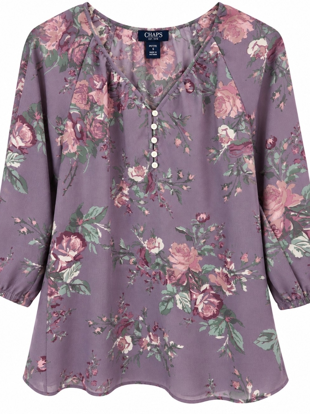 Chaps Petite Mauve Floral V-Neck Blouse Dusty Plum With Pink Roses